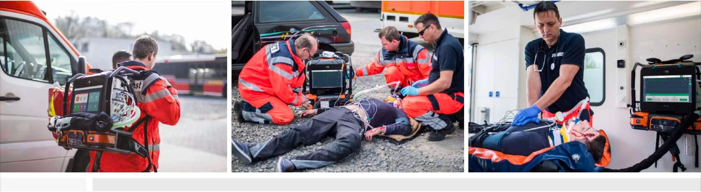 Drei Aufnahmen aus dem Rettungsdienst: Sanitäter tragen das Gerät zum Einsatz, versorgen einen Patienten auf der Straße und im Rettungswagen