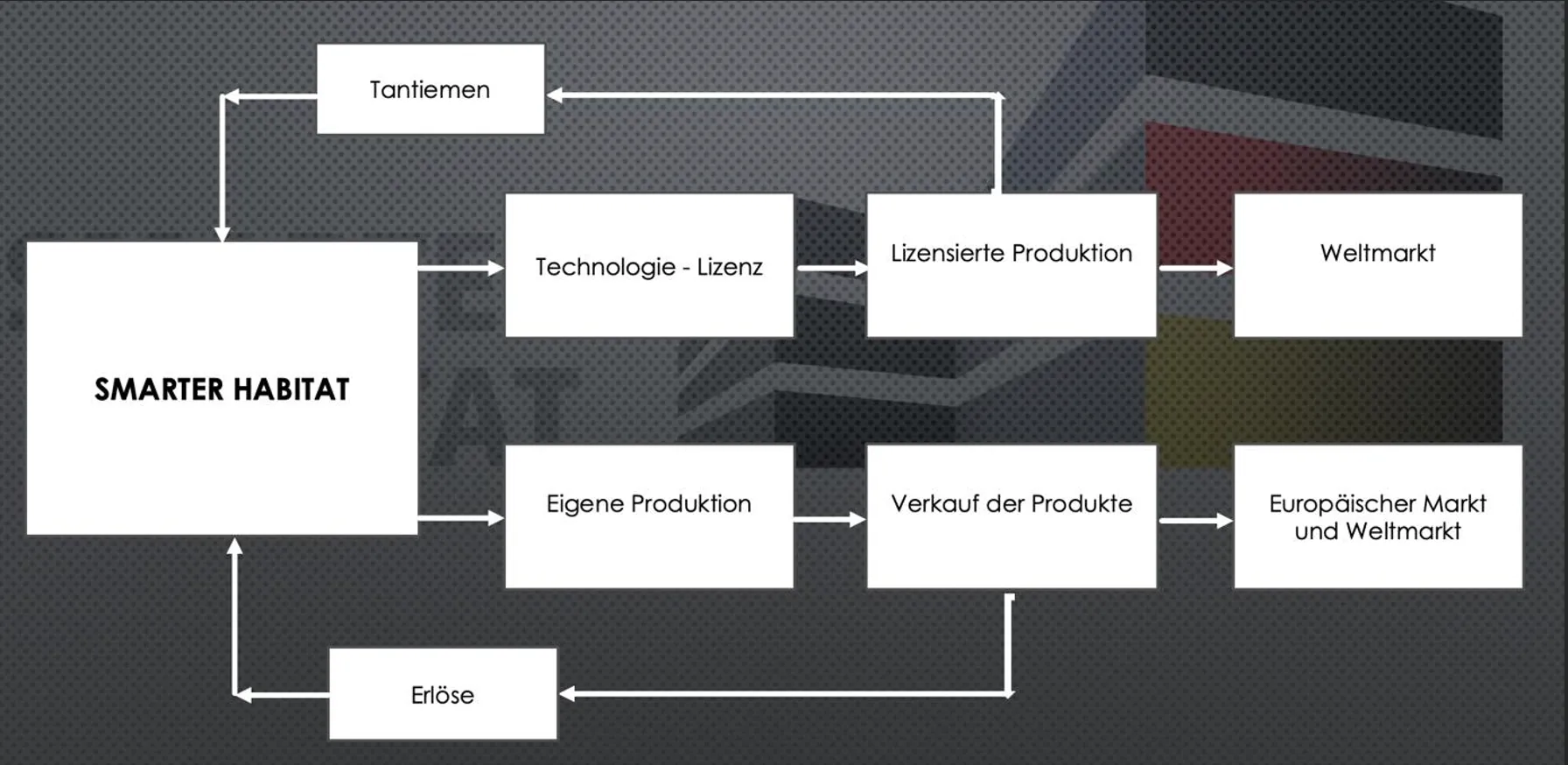 Schema des Geschäftsmodells: Smarter Habitat vergibt Technologielizenzen für die lizenzierte Produktion für den Weltmarkt und erhält dafür Tantiemen; aus der eigenen Produktion verkauft es Produkte auf dem europäischen und dem Weltmarkt und erzielt Erlöse