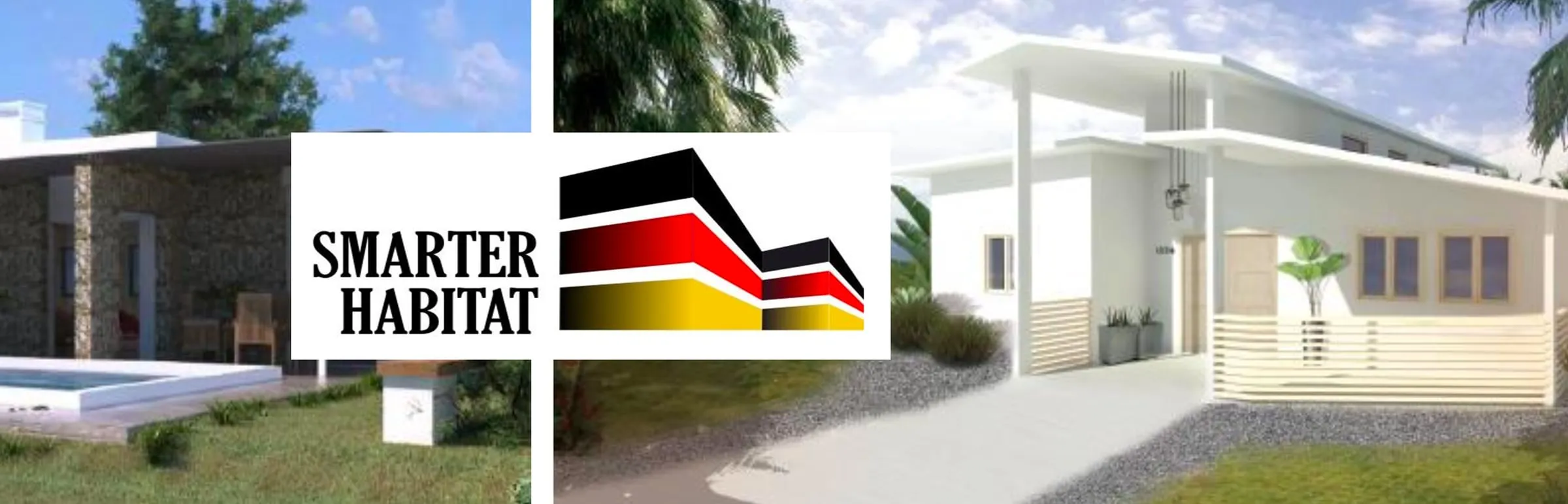 Der Schriftzug „Smarter Habitat“ zwischen Aufnahmen eines fertigen Hauses und einer Wohnsiedlung